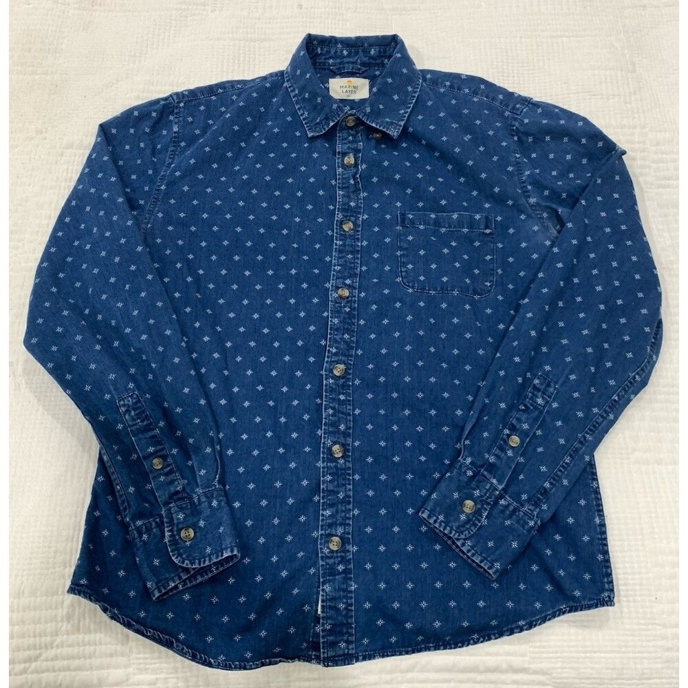 Marine Layer Mens S Chambray Shirt Blue Floral Dot Print Button Up Long Sleeve